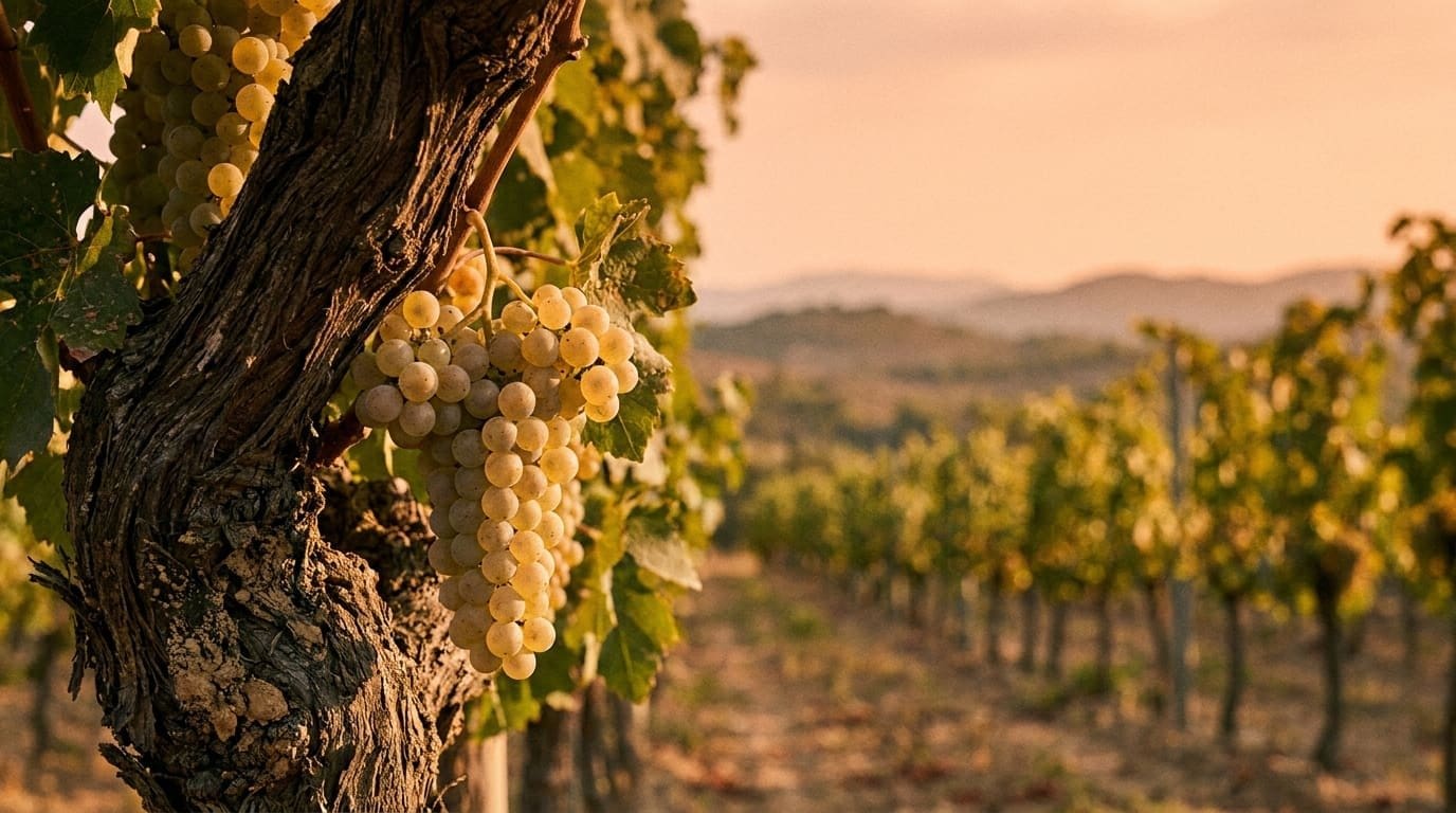 Ripe Xarel·lo grape clusters on an old vine in a Penedès vineyard with the Catalan coastal range behind