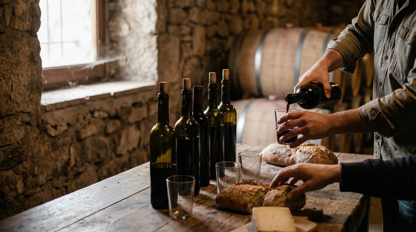 A small Catalan cellar tasting with open bottles, glasses, local cheese, and the producer pouring at a wooden table