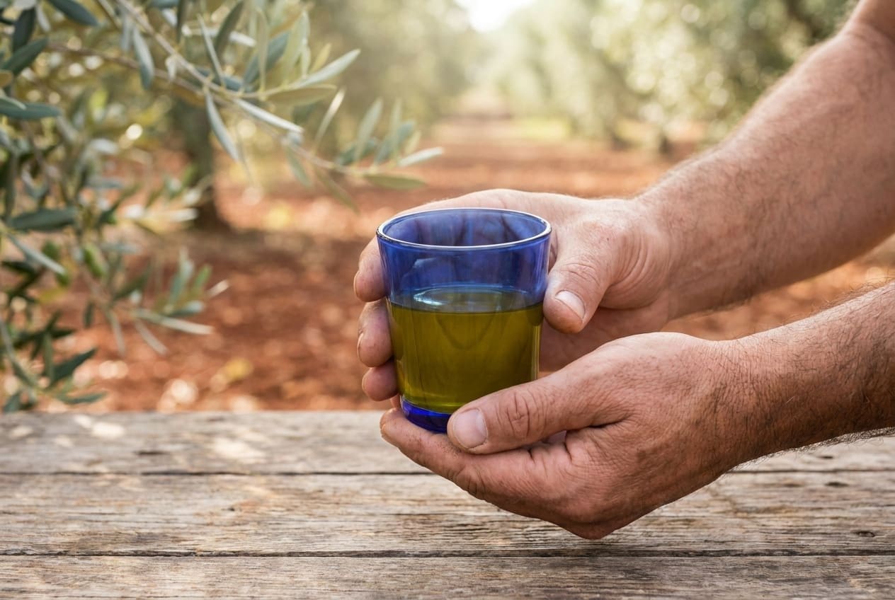 High polyphenol olive oil tasting in Puglia with a blue tasting glass