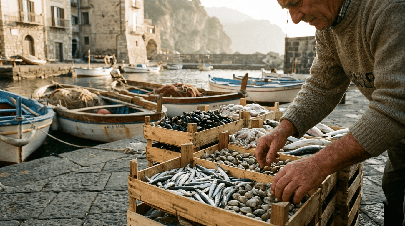 What to eat in Campania besides pizza: fresh seafood catch at a Campanian coastal harbor with anchovies, clams, mussels, octopus and whole fish in wooden crates