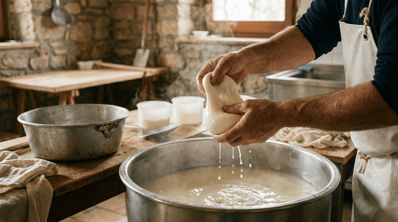 Fresh warm buffalo mozzarella being made by hand at a small dairy in Caserta, Campania with milk and whey dripping